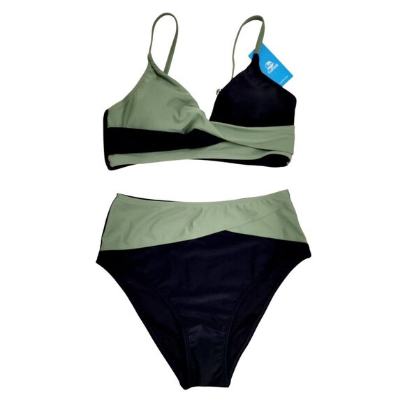 Cupshe Womens Waisted Two Piece Bikini Set Black Green Size S Adjustable Straps - Picture 1 of 8